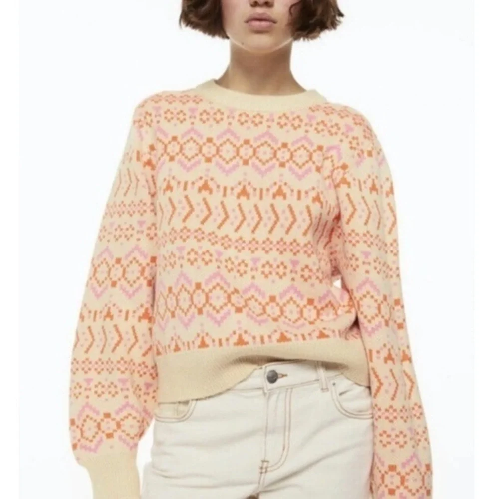 🇪🇸🐠H&M Nordic sweater cropped crew neck patterned cream pink orange small BUDGET